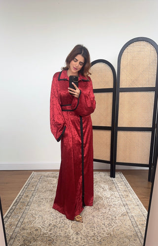 Wine jacquard satin dress with belt- lamar - Fash Focused