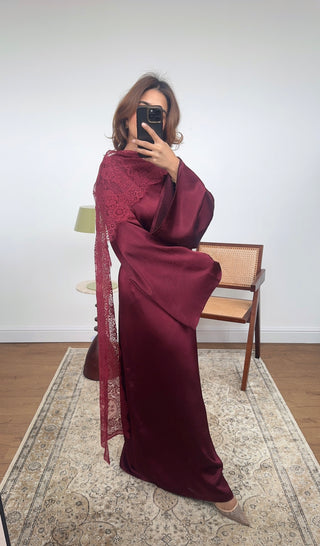 Burgandy satin dress with lace scarf - malika - Fash Focused
