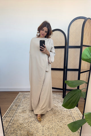 Beige pearl scarf dress with back tie - tia - Fash Focused
