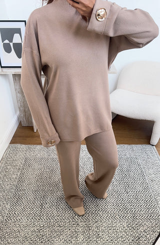 Camel knit coord with gold button- kai - Fash Focused