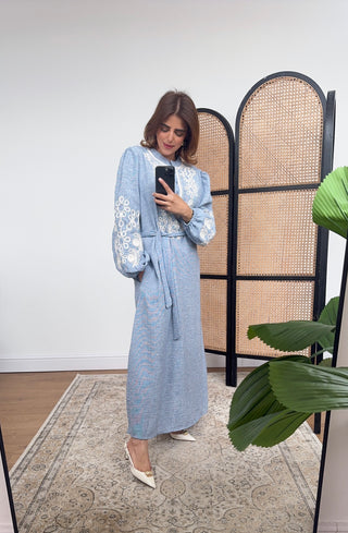 Blue dress with embroidered detail and belt- maria - Fash Focused