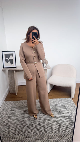 camel knit coord with gold buttons - keli - Fash Focused