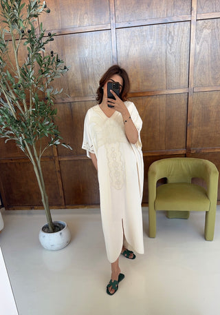 Cream cotton mix embroidered kaftan- Adina - Fash Focused