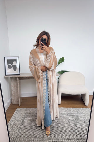 Beige velvet lace abaya- layla - Fash Focused