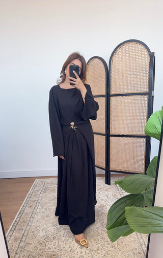 Black dress with gold brooch- gia - Fash Focused