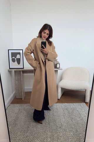 camel handmade wool belted coat- marli - Fash Focused
