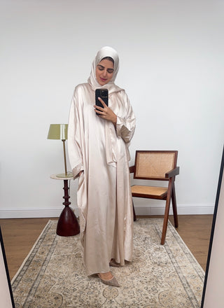 cream diamante abaya with scarf attached- jaia - Fash Focused