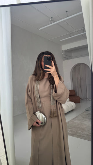 Taupe two piece abaya with embellished details- deema - Fash Focused