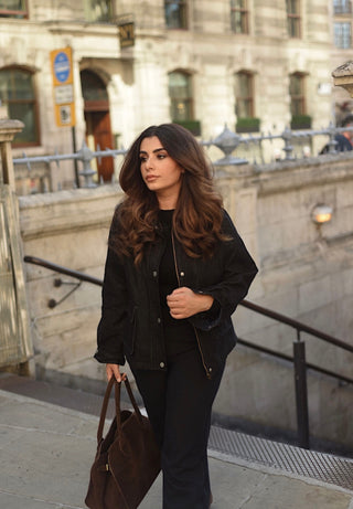 Black denim jacket with corduroy collar- Kaya - Fash Focused