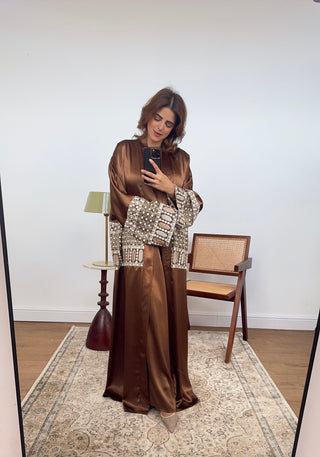 Brown embroidered two piece abaya set- mina - Fash Focused