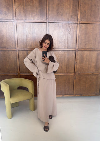 Taupe tie waist skirt coord - avilna