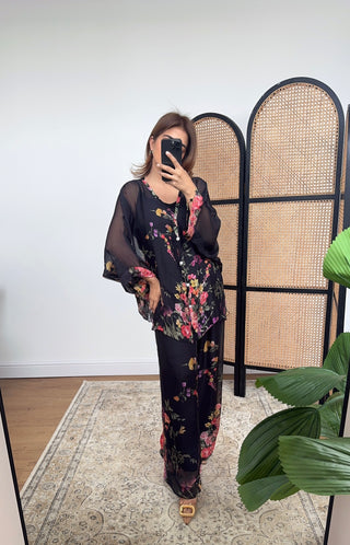 Black floral chiffon silk coord- Nita - Fash Focused