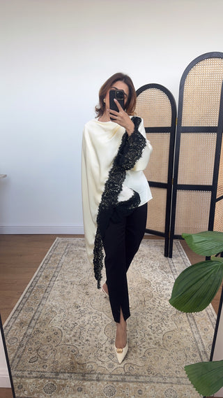Ivory/ black scarf top with lace detail- lana - Fash Focused
