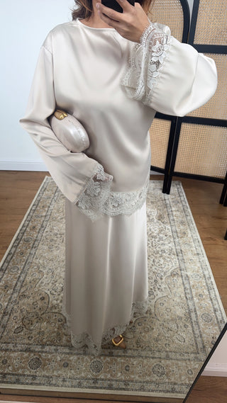 Cream lace satin two piece skirt coord- ilham - Fash Focused