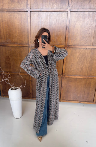 Black Zigzag crochet kimono with belt- sahi - Fash Focused