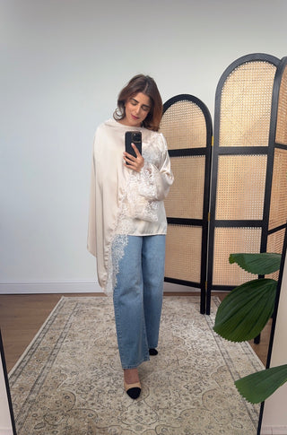 Beige scarf top with lace detail- lana - Fash Focused