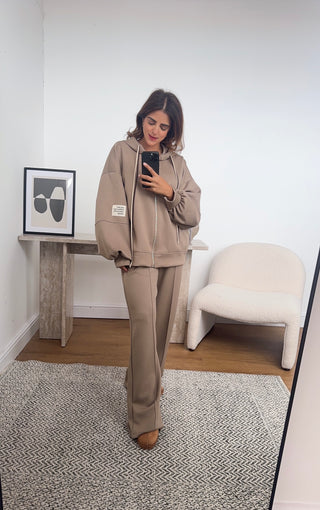 Beige zip up hoodie and joggers set- cari - Fash Focused
