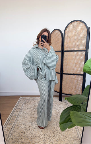 Green stripe button down coord- wari - Fash Focused