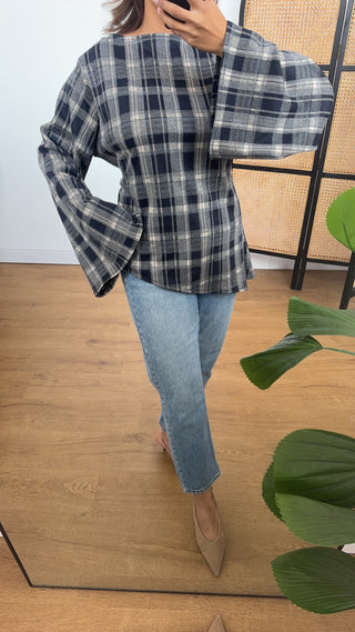 Navy checkered assymetric top- gia