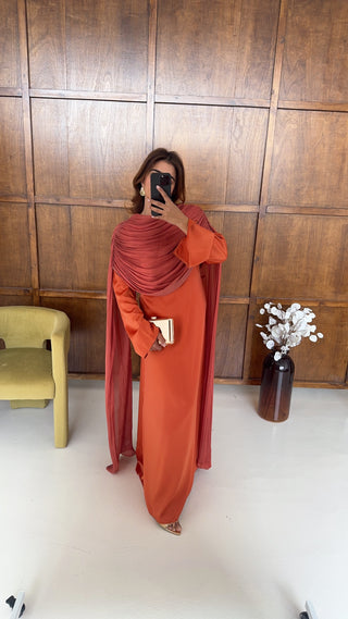 burnt orange dress with drape detail- sani
