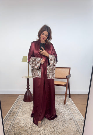 Burgandy embroidered two piece abaya set- mina - Fash Focused