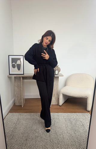 Black shawl collar cardigan with belt- fana - Fash Focused