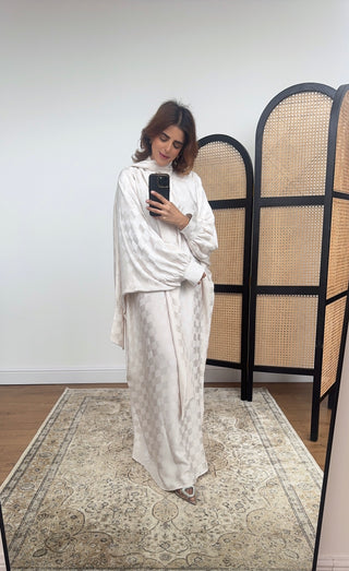 Ivory checked dress with neck scarf- sundus - Fash Focused