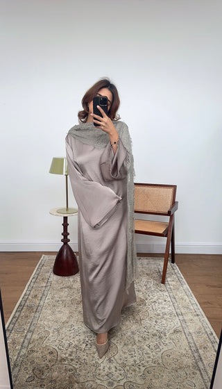 Taupe satin dress with lace scarf - malika - Fash Focused