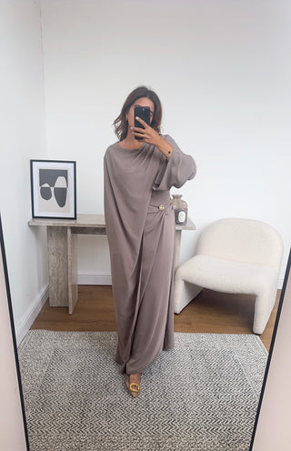 taupe dress with drape scarf- zaria - Fash Focused