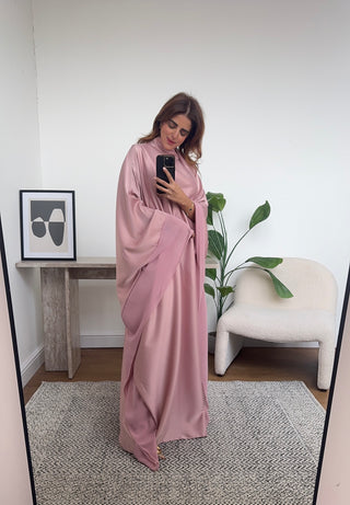 Pink high neck long dress with neck scarf- laya
