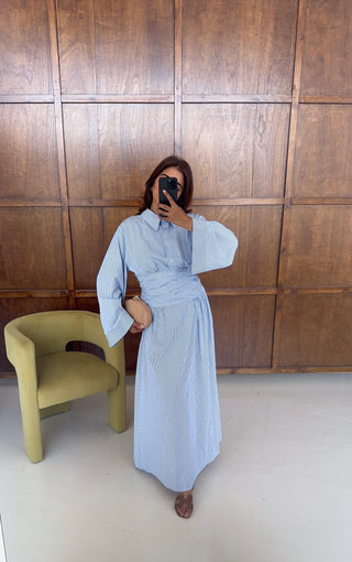 Blue striped waist tie dress- hua