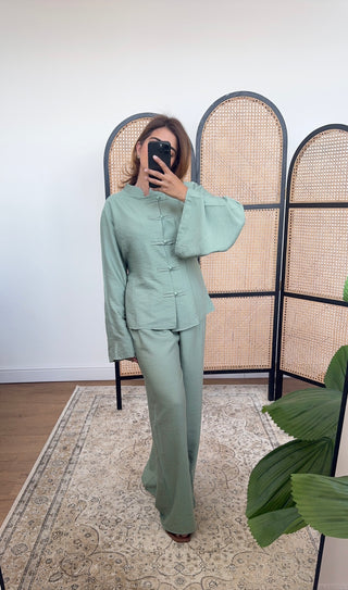 Olive pearl button and wide trouser set- vana