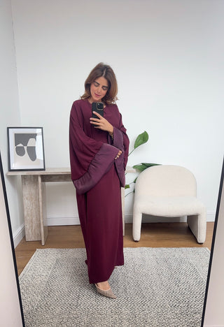 Burgandy frill kaftan dress with inner tie belt- amina - Fash Focused