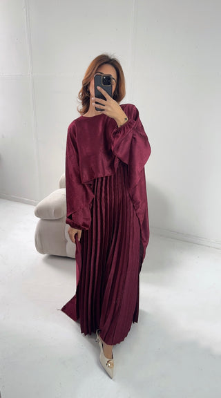 Burgandy pleated cape dress -mula - Fash Focused