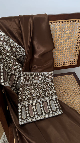 Brown embroidered two piece abaya set- mina - Fash Focused