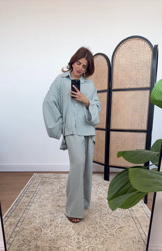 Green stripe button down coord- wari - Fash Focused