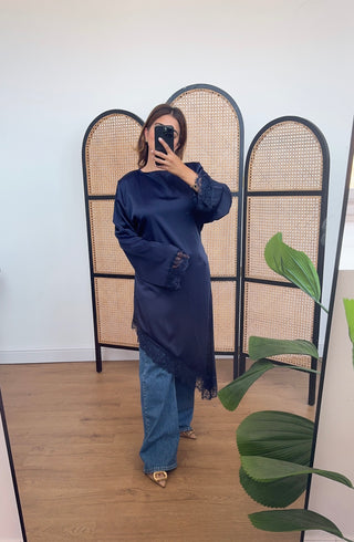 Navy Assymetric lace detail top- jaia