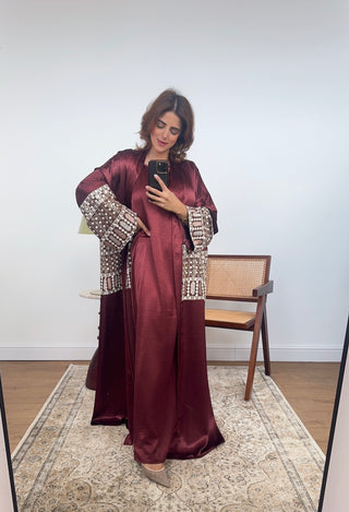 Burgandy embroidered two piece abaya set- mina - Fash Focused
