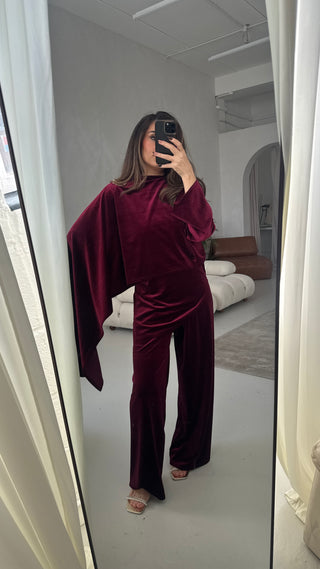 Burgandy velvet scarf coord with gold brooch- nura - Fash Focused