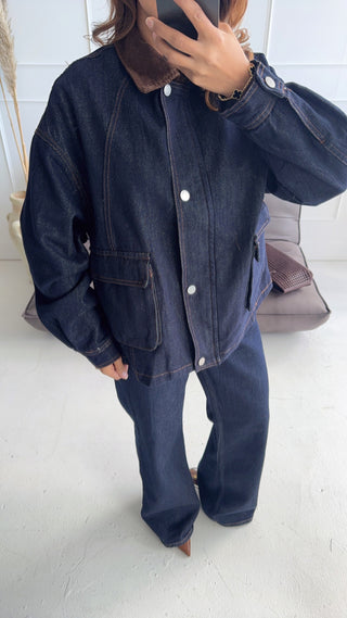 Navy denim jacket with corduroy - Kaya - Fash Focused