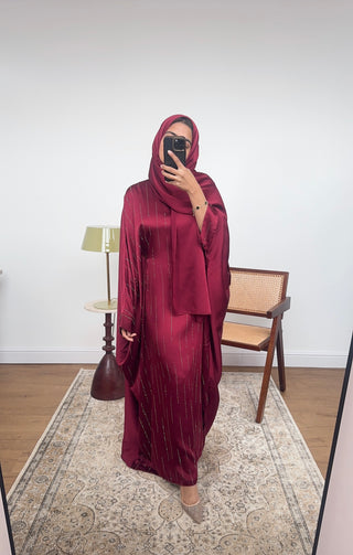 wine diamante abaya with scarf attached- jaia - Fash Focused