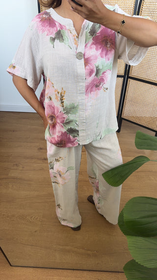 Cream floral linen blend coord