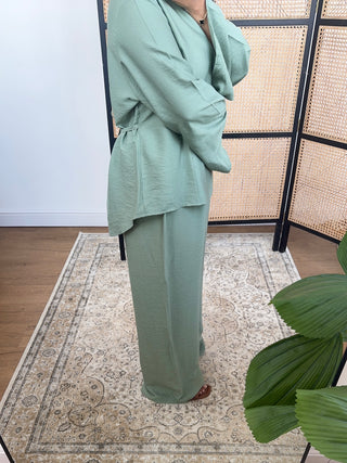Olive pearl button and wide trouser set- vana