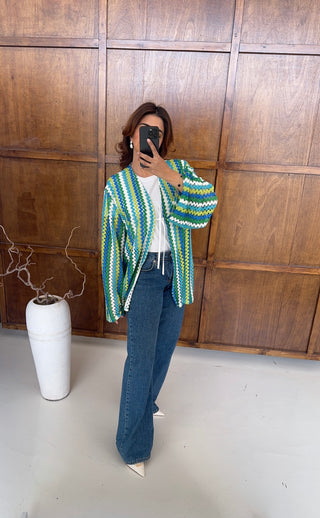 Blue Zigzag crochet kimono with tie- azura - Fash Focused