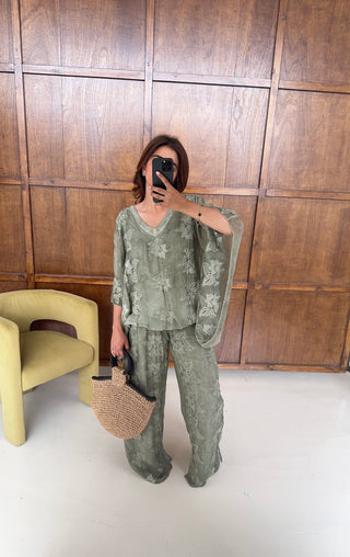 Sage embroidered chiffon silk coord- laya
