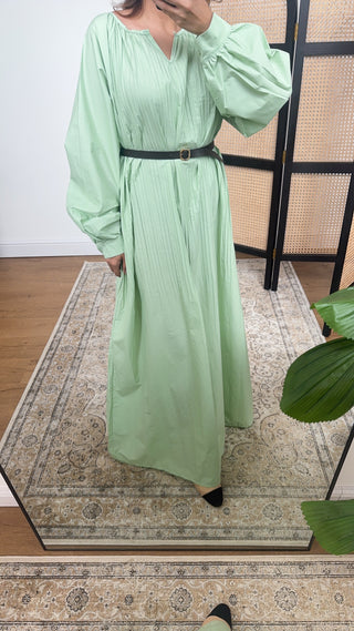 Pistachio Long sleeve cotton pleated dress- nira - Fash Focused