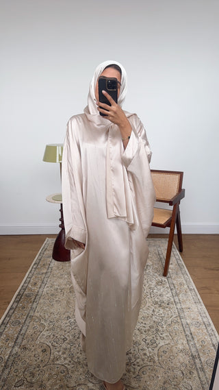 cream diamante abaya with scarf attached- jaia - Fash Focused