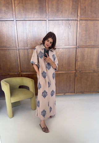Nude with blue embroidered kaftan- nura
