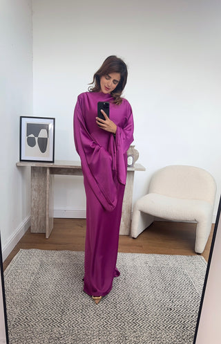 magenta long flare sleeve fishtail dress- dion - Fash Focused
