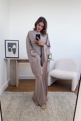 Taupe fishtail dress with back tie- tamara - Fash Focused